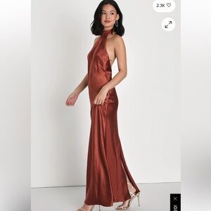 Lulus Love in Your Life Rust Brown Satin Halter Maxi Dress size XS NEW